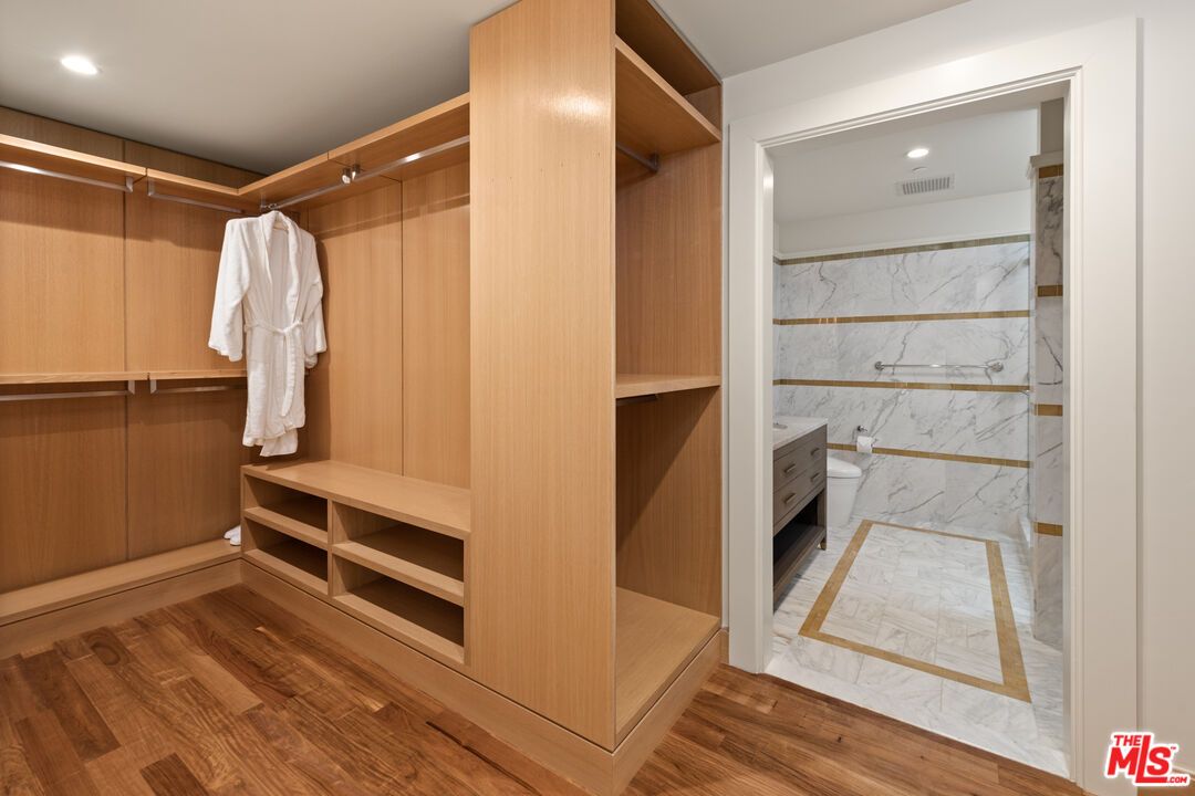Bathroom, Interior, Marble, Marble Walls, Recessed Lighting, Walk-in Closets, Wood Texture Flooring