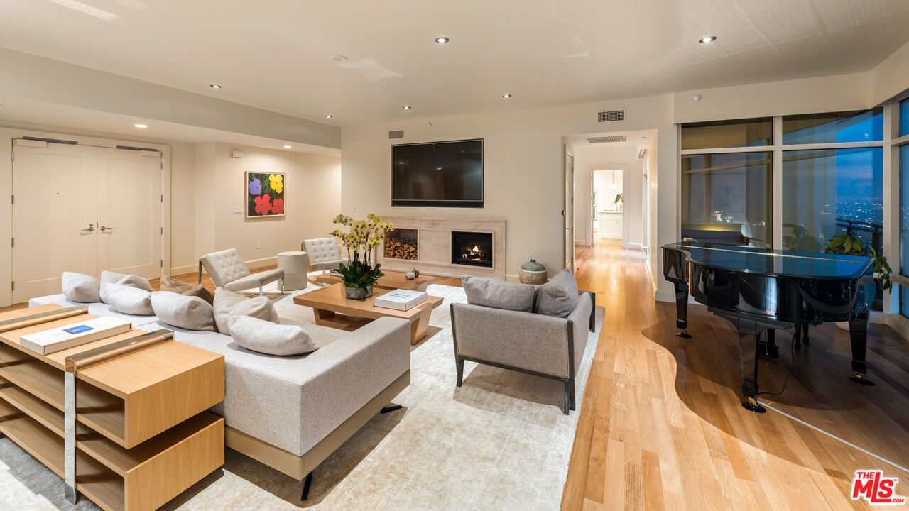 Fireplace, Interior, Living room, Piano, Recessed Lighting, Wood Texture Flooring