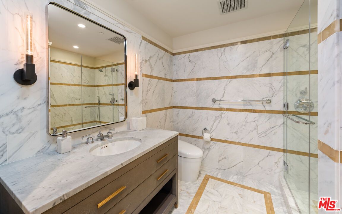 Bathroom, Glass Shower, Interior, Marble, Marble Walls, Recessed Lighting