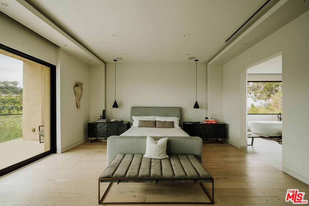 Bedroom, Interior, Pendant Lights, Recessed Lighting, Wood Texture Flooring