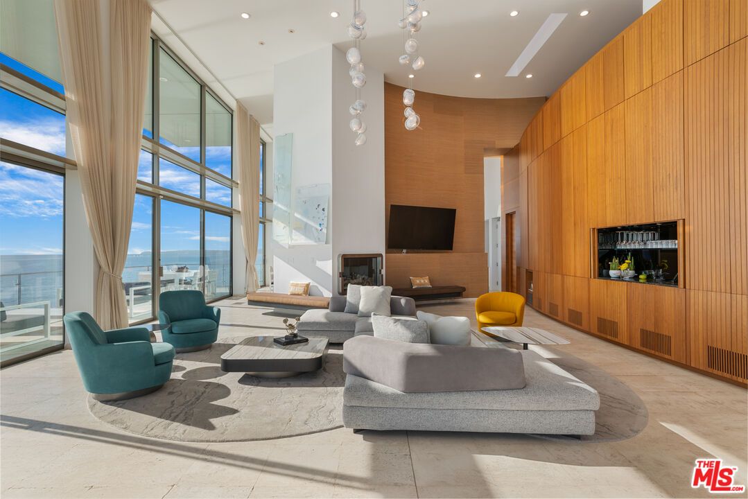 Fireplace, Interior, Living room, Pendant Lights, Recessed Lighting, Water, Wooden Walls