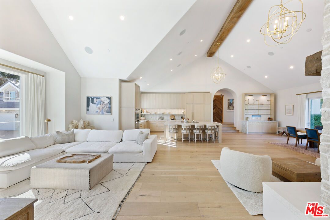 Chandelier, Dining room, Interior, Kitchen, Living room, Pendant Lights, Recessed Lighting, Wooden Beams, Wood Texture Flooring