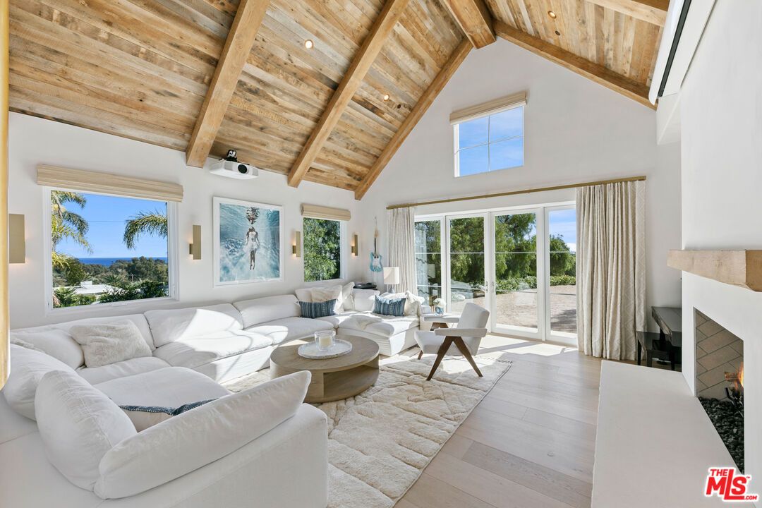 Fireplace, Interior, Living room, Recessed Lighting, Wooden Beams, Wooden Ceilings, Wood Texture Flooring