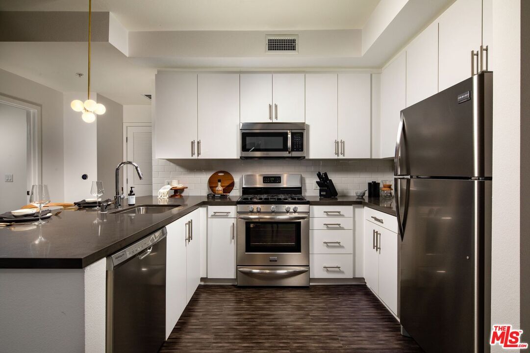 Interior, Kitchen, Pendant Lights, Stainless Steel Appliances, Wood Texture Flooring