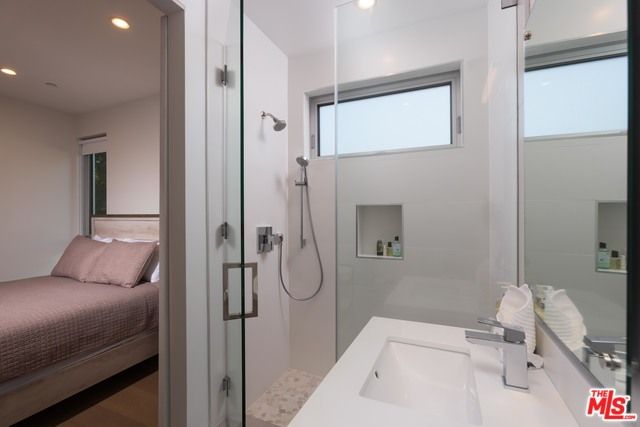 Bathroom, Bedroom, Glass Shower, Interior, Recessed Lighting, Wood Texture Flooring