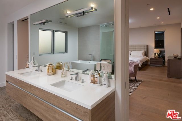 Bathroom, Bedroom, Dual Sink Vanities, Interior, Recessed Lighting, Wood Texture Flooring