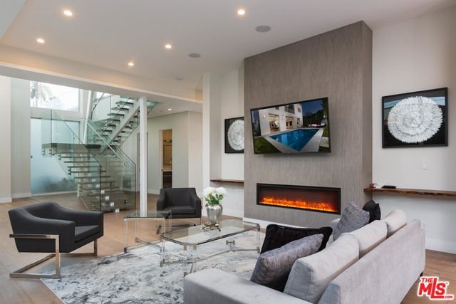 Fireplace, Interior, Living room, Recessed Lighting, Wood Texture Flooring
