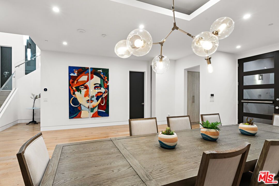 Dining room, Interior, Pendant Lights, Recessed Lighting, Wood Texture Flooring