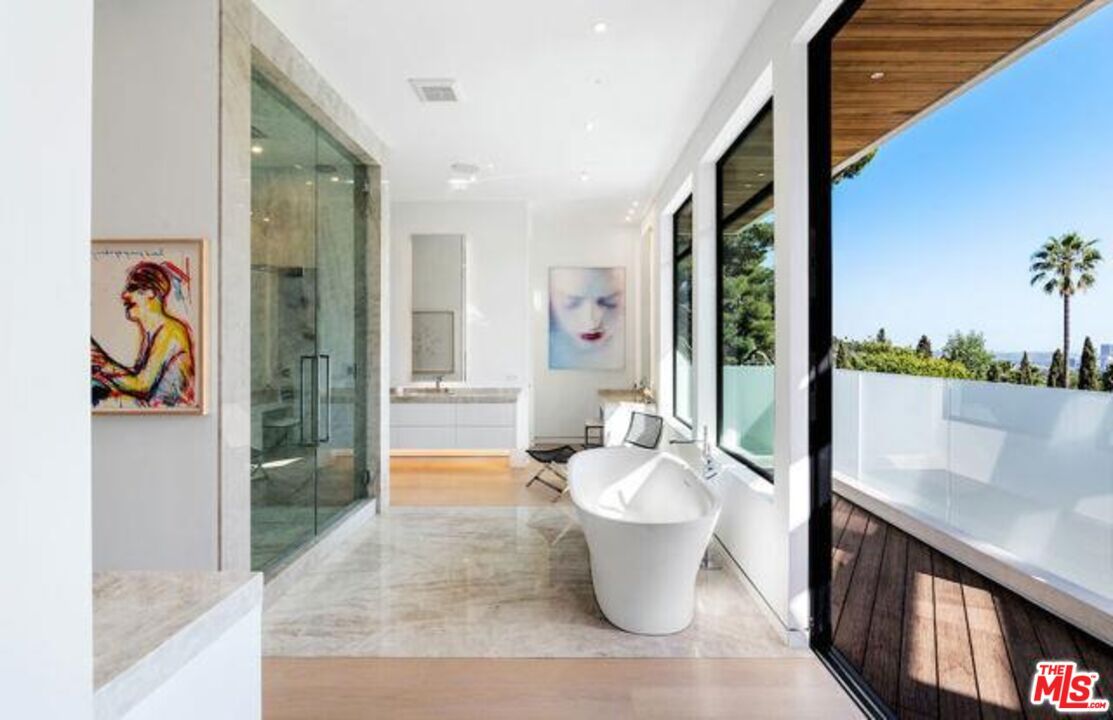 Bathroom, Free Standing Baths, Glass Shower, Interior, Recessed Lighting, Wooden Ceilings, Wood Texture Flooring