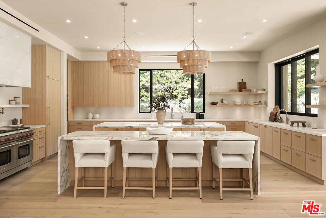 Chandelier, Interior, Kitchen, Pendant Lights, Recessed Lighting, Stainless Steel Appliances, Wood Texture Flooring