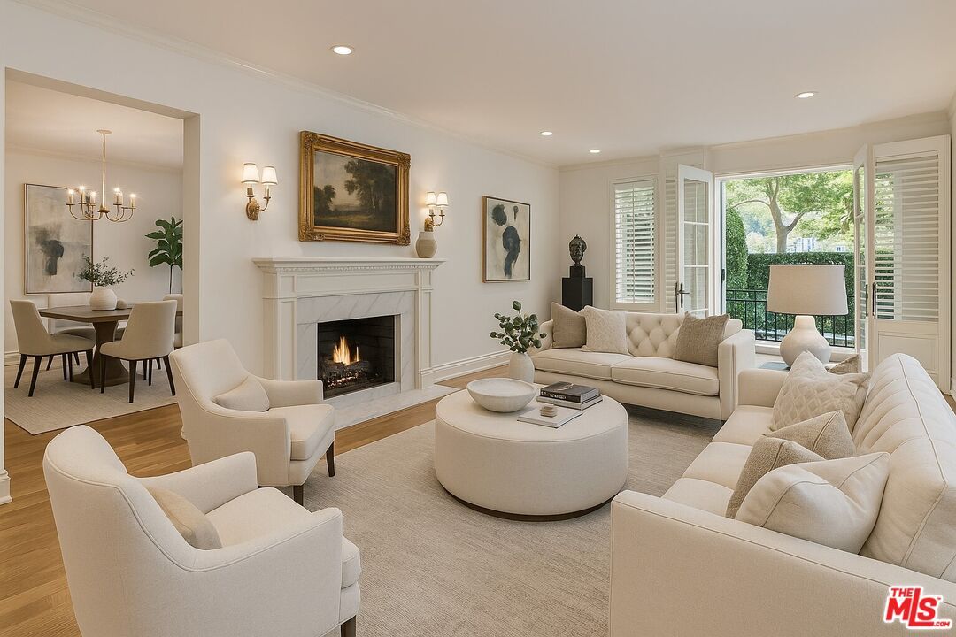 Chandelier, Dining room, Fireplace, Interior, Living room, Recessed Lighting, Wood Texture Flooring