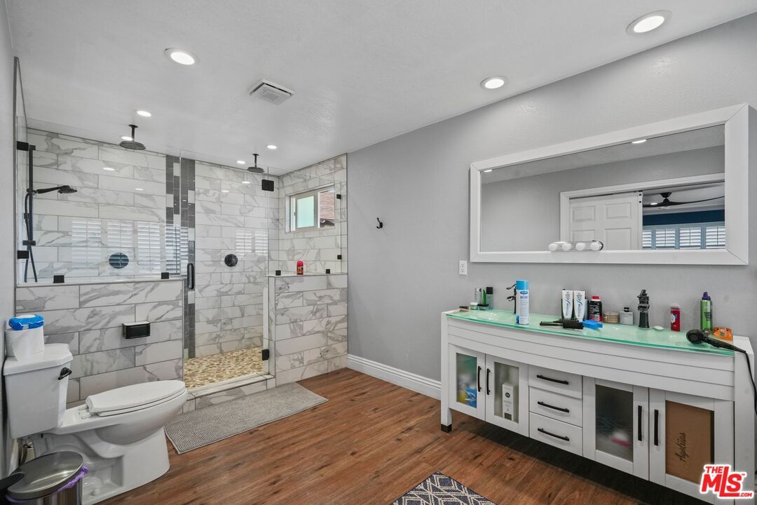 Bathroom, Glass Shower, Interior, Recessed Lighting, Wood Texture Flooring