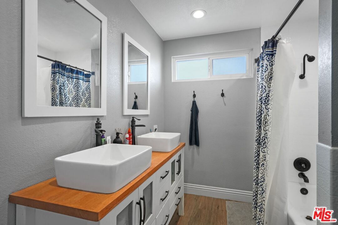Bathroom, Dual Sink Vanities, Interior, Recessed Lighting, Wood Texture Flooring