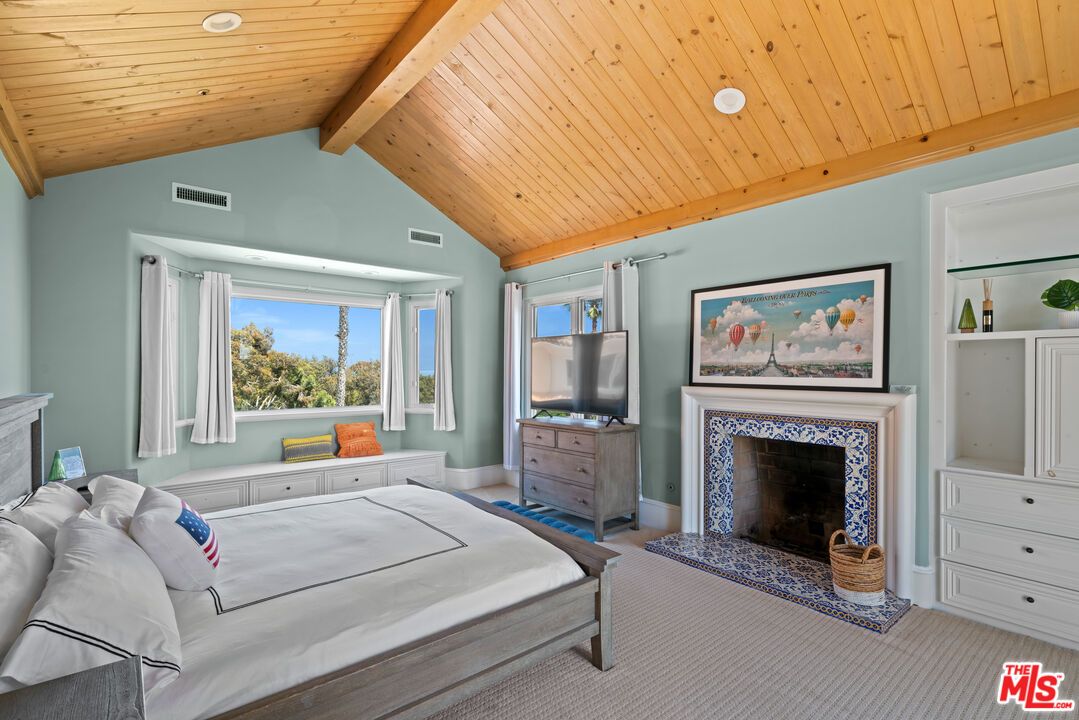 Bedroom, Fireplace, Interior, Recessed Lighting, Wooden Beams, Wooden Ceilings