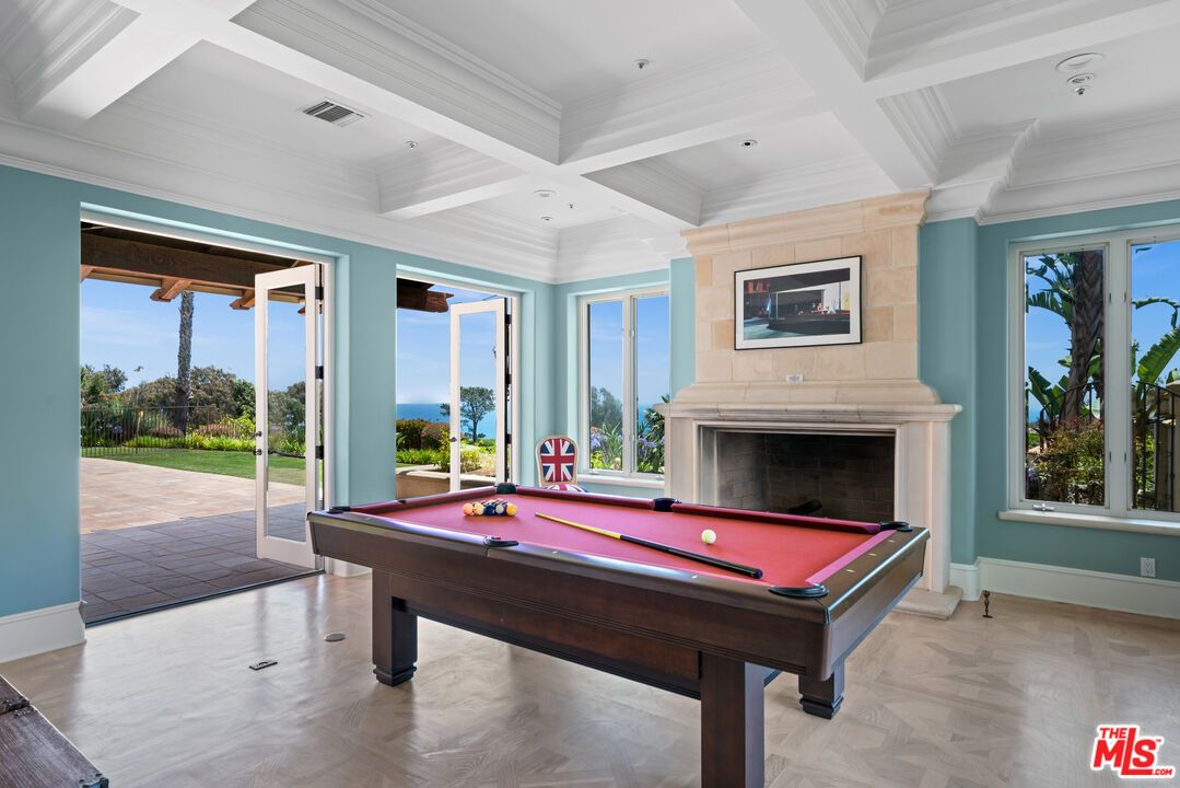 Billiard Table, Fireplace, Game Room, Interior, Recessed Lighting, Wood Texture Flooring