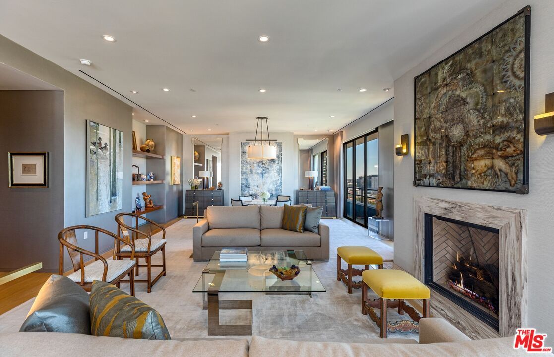 Dining room, Fireplace, Interior, Living room, Pendant Lights, Recessed Lighting, Wood Texture Flooring