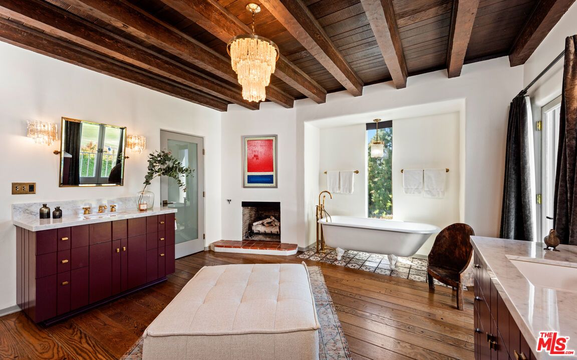 Bathroom, Chandelier, Fireplace, Free Standing Baths, Interior, Wooden Beams, Wooden Ceilings, Wood Texture Flooring
