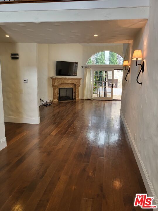 Empty room, Fireplace, Interior, Recessed Lighting, Wood Texture Flooring
