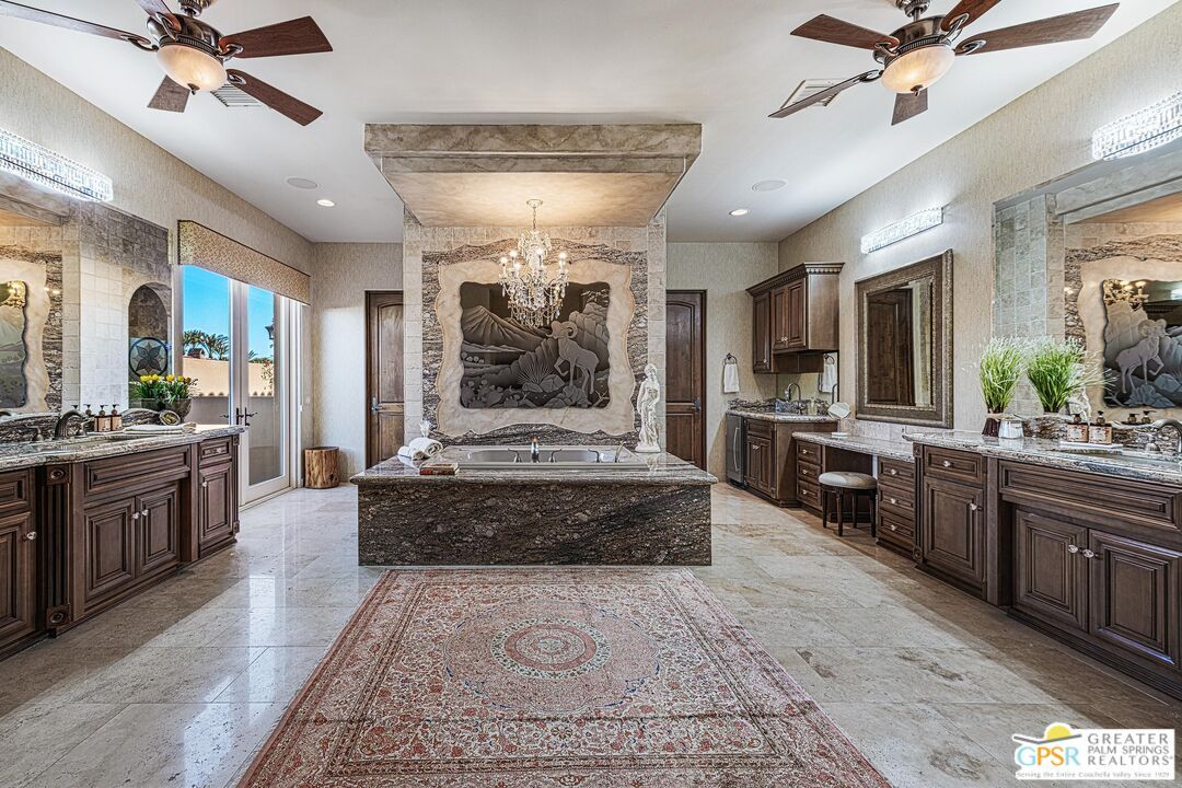Bathroom, Chandelier, Dual Sink Vanities, Interior, Recessed Lighting, Stone Walls
