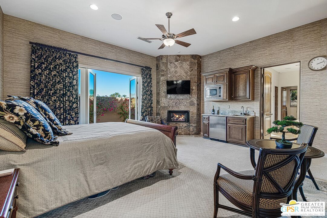 Bedroom, Fireplace, Interior, Recessed Lighting, Stone Walls