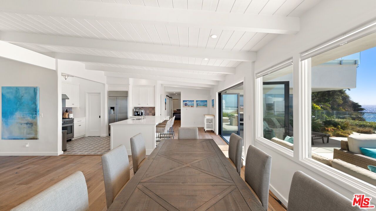 Dining room, Interior, Kitchen, Recessed Lighting, Stainless Steel Appliances, Water, Wood Texture Flooring