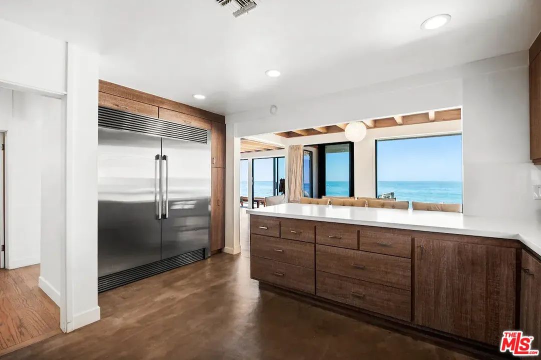 Interior, Kitchen, Recessed Lighting, Stainless Steel Appliances, Water, Wood Texture Flooring