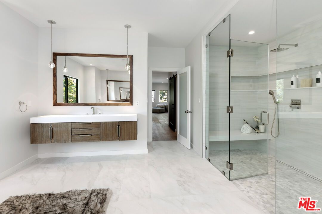 Bathroom, Glass Shower, Interior, Marble, Pendant Lights, Recessed Lighting