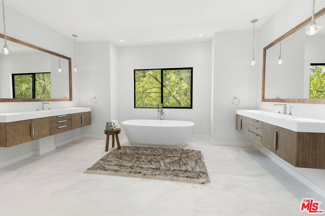 Bathroom, Dual Sink Vanities, Free Standing Baths, Interior, Marble, Pendant Lights, Recessed Lighting