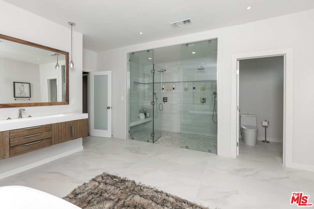 Bathroom, Glass Shower, Interior, Marble, Pendant Lights, Recessed Lighting