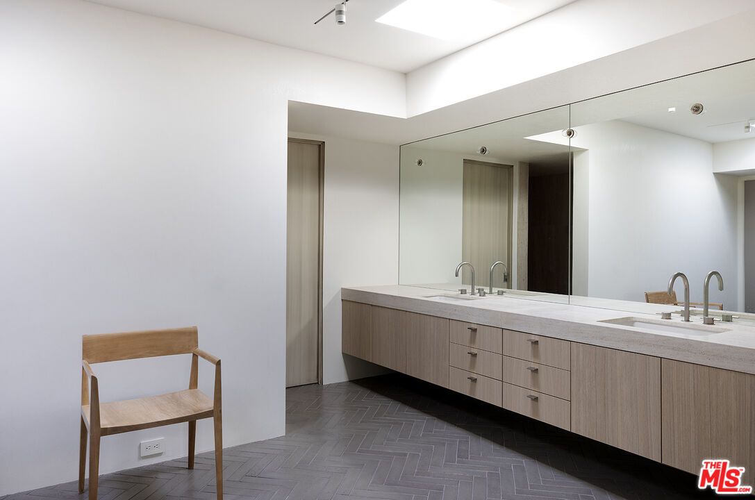 Bathroom, Dual Sink Vanities, Interior, Recessed Lighting, Wood Texture Flooring