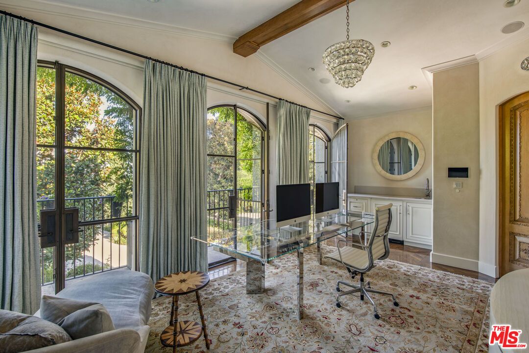 Chandelier, Home Office, Interior, Recessed Lighting, Wooden Beams, Wood Texture Flooring