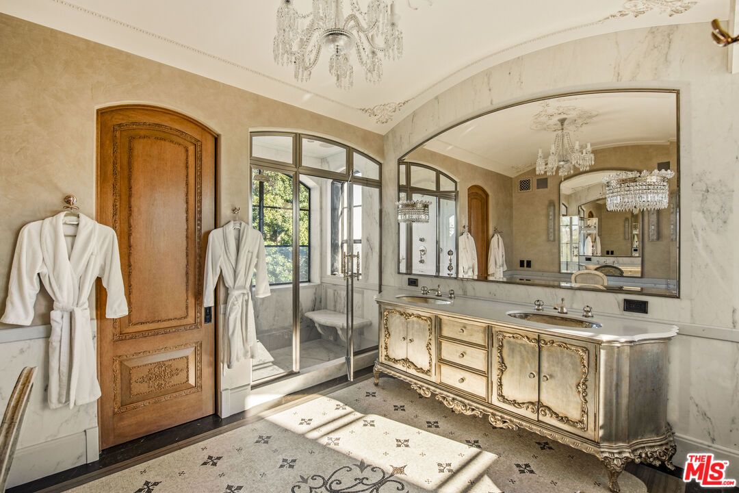 Bathroom, Chandelier, Dual Sink Vanities, Glass Shower, Interior