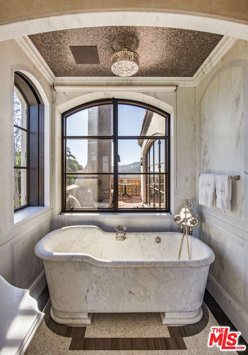 Bathroom, Free Standing Baths, Interior, Marble Walls, Wood Texture Flooring