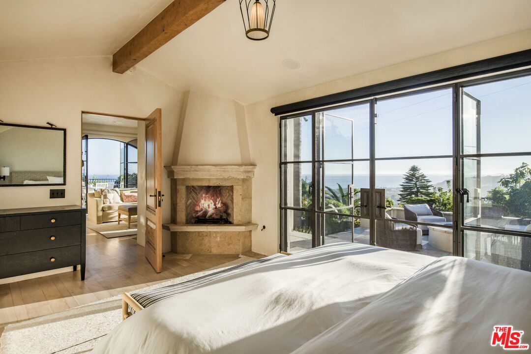 Bedroom, Fireplace, Interior, Water, Wooden Beams, Wood Texture Flooring