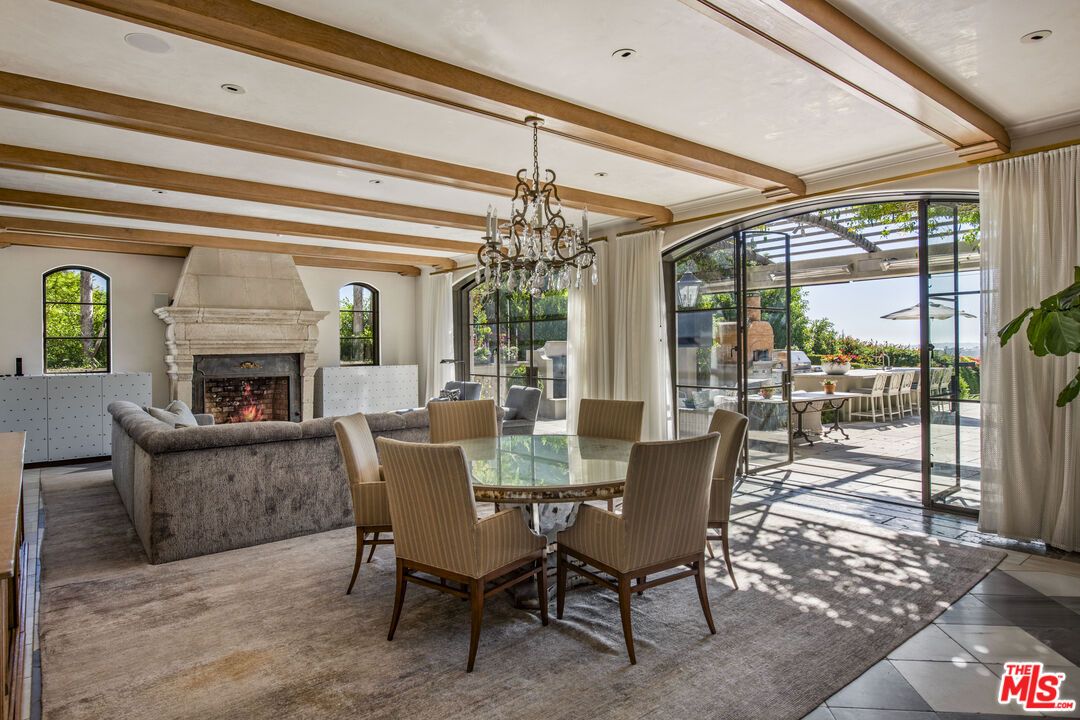Chandelier, Dining room, Fireplace, Interior, Living room, Recessed Lighting, Wooden Beams