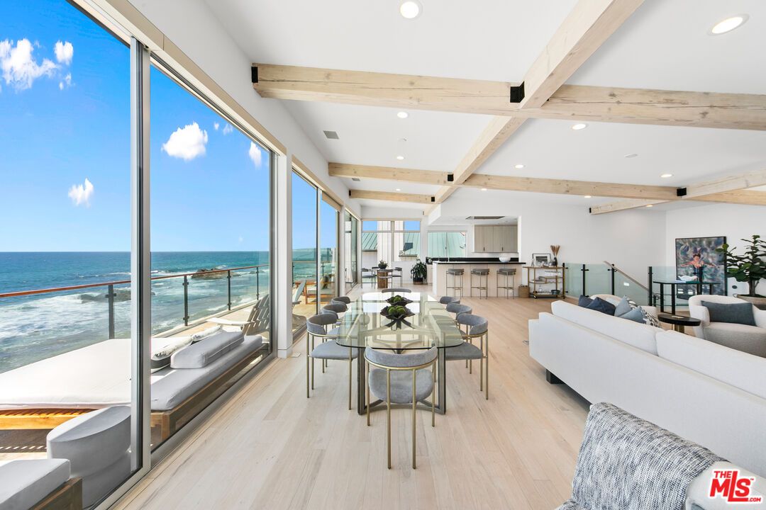 Dining room, Interior, Living room, Recessed Lighting, Water, Wooden Beams, Wood Texture Flooring