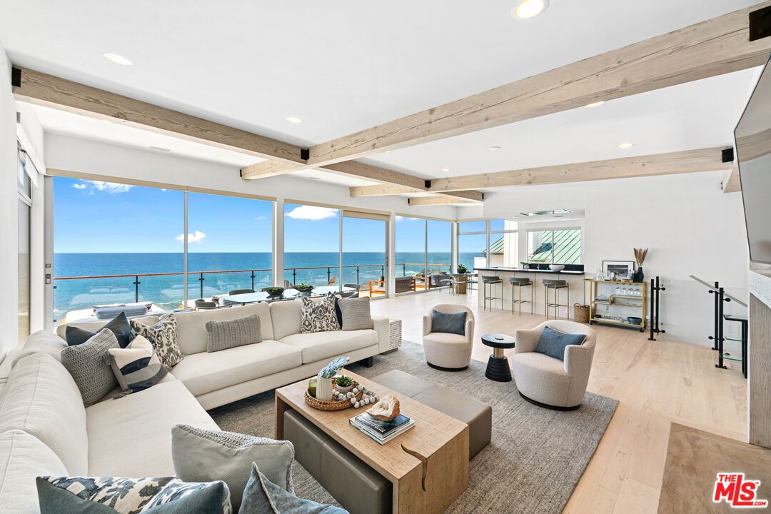 Interior, Living room, Recessed Lighting, Water, Wooden Beams, Wood Texture Flooring