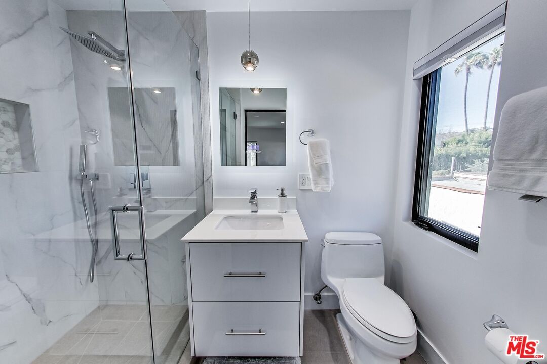 Bathroom, Glass Shower, Interior, Marble Walls, Pendant Lights