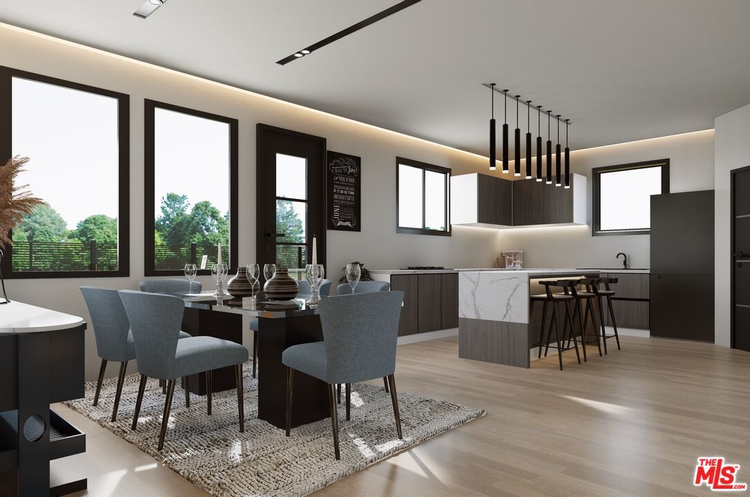 Dining room, Interior, Kitchen, Pendant Lights, Wood Texture Flooring