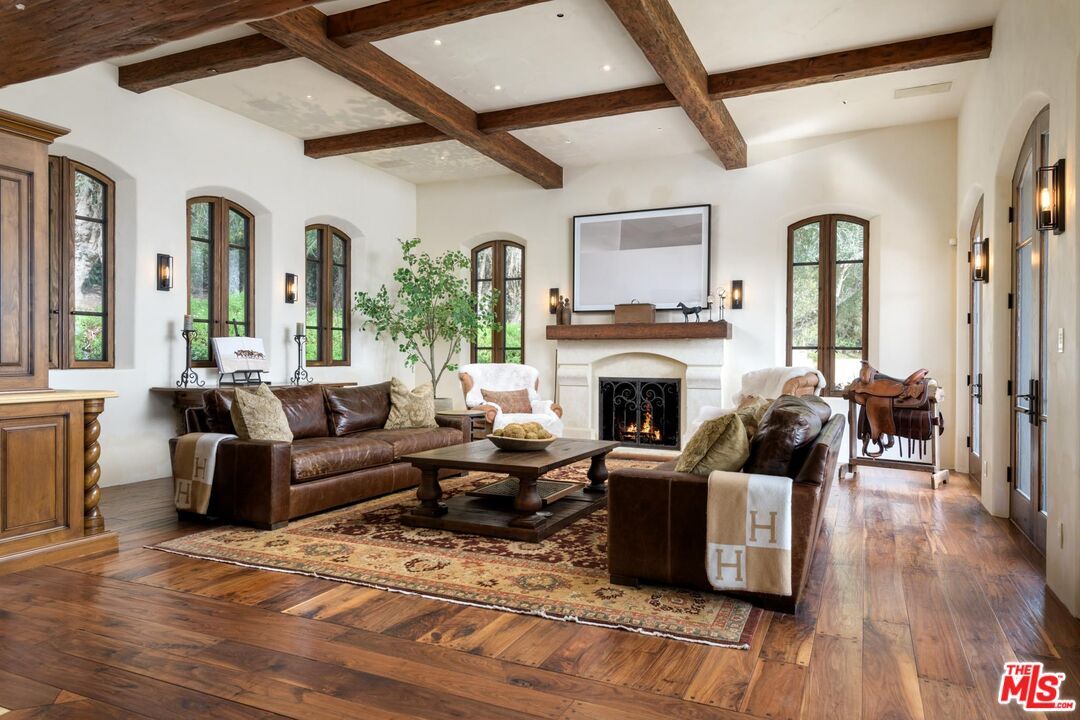 Fireplace, Interior, Living room, Recessed Lighting, Wooden Beams, Wood Texture Flooring