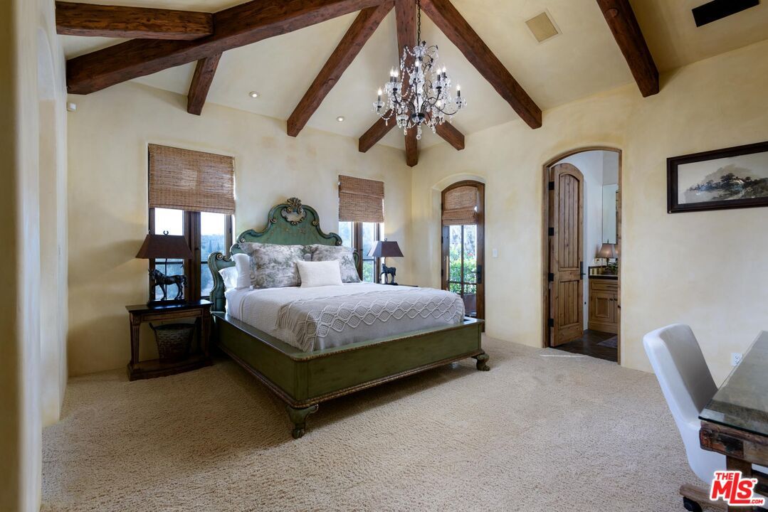 Bedroom, Chandelier, Interior, Recessed Lighting, Wooden Beams
