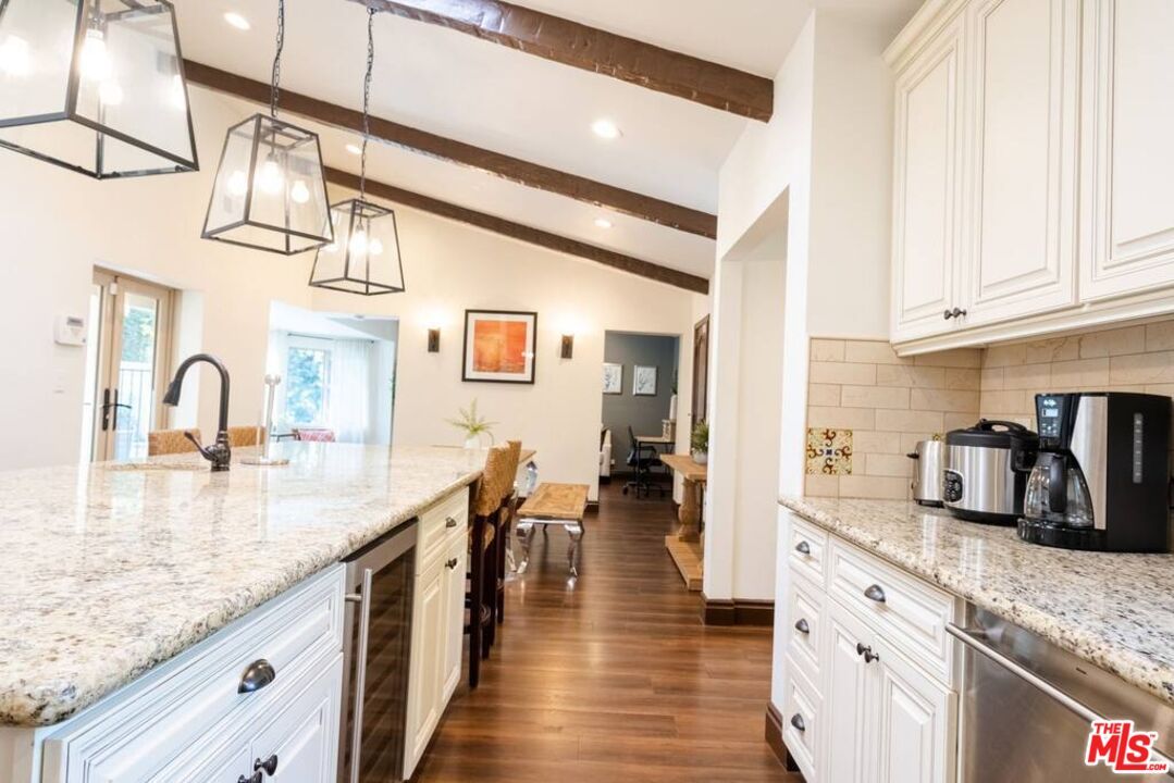 Dining room, Interior, Kitchen, Pendant Lights, Recessed Lighting, Stainless Steel Appliances, Wooden Beams, Wood Texture Flooring