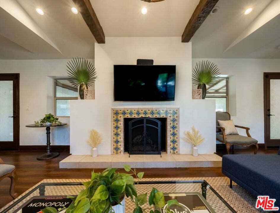 Fireplace, Interior, Recessed Lighting, Wooden Beams, Wood Texture Flooring