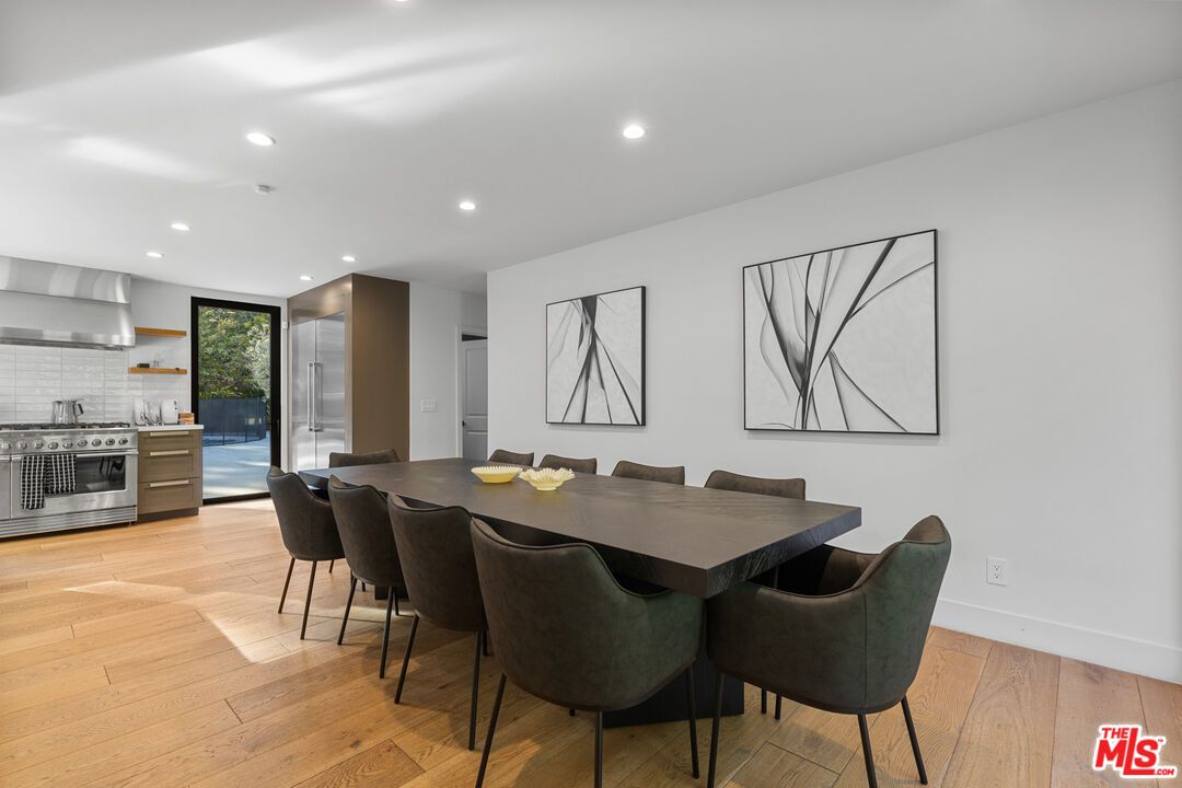 Dining room, Interior, Kitchen, Recessed Lighting, Stainless Steel Appliances, Wood Texture Flooring