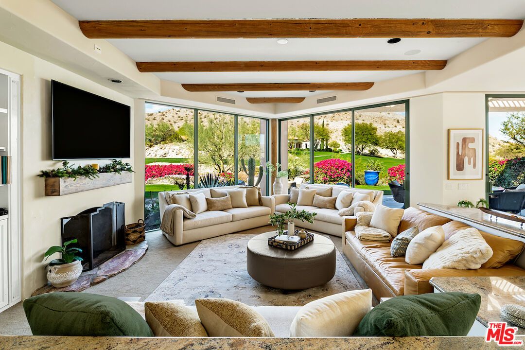 Fireplace, Interior, Living room, Recessed Lighting, Wooden Beams