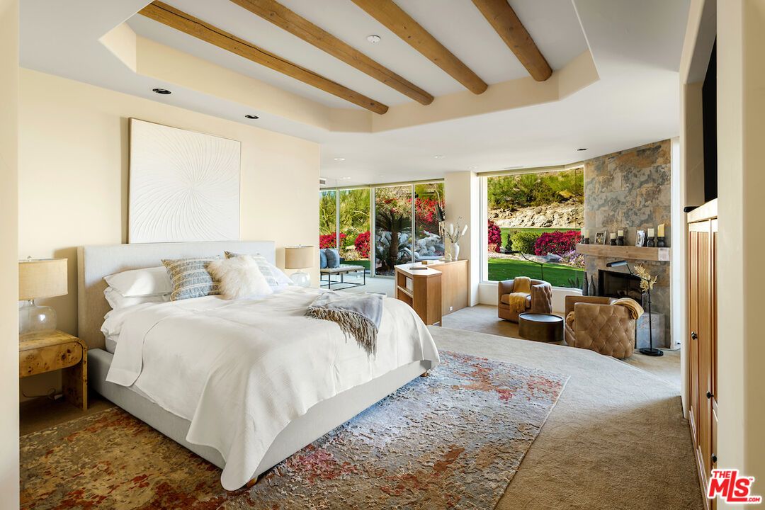 Bedroom, Fireplace, Interior, Recessed Lighting, Wooden Beams