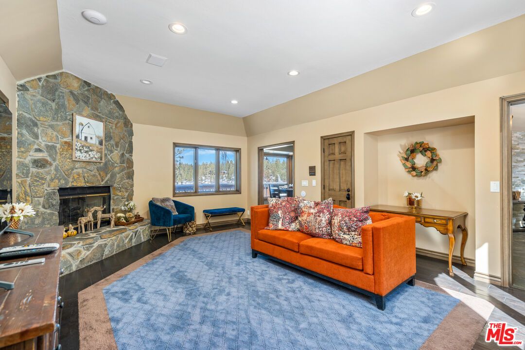 Fireplace, Interior, Living room, Recessed Lighting, Stone Walls