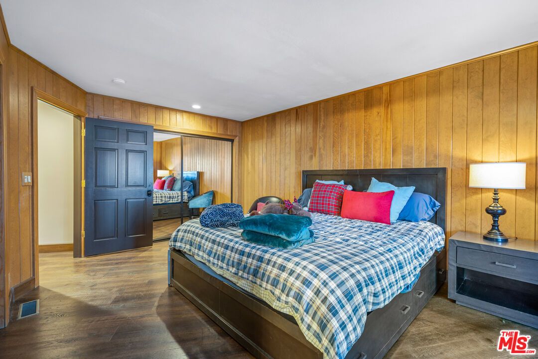 Bedroom, Interior, Recessed Lighting, Wood Texture Flooring, Wooden Walls