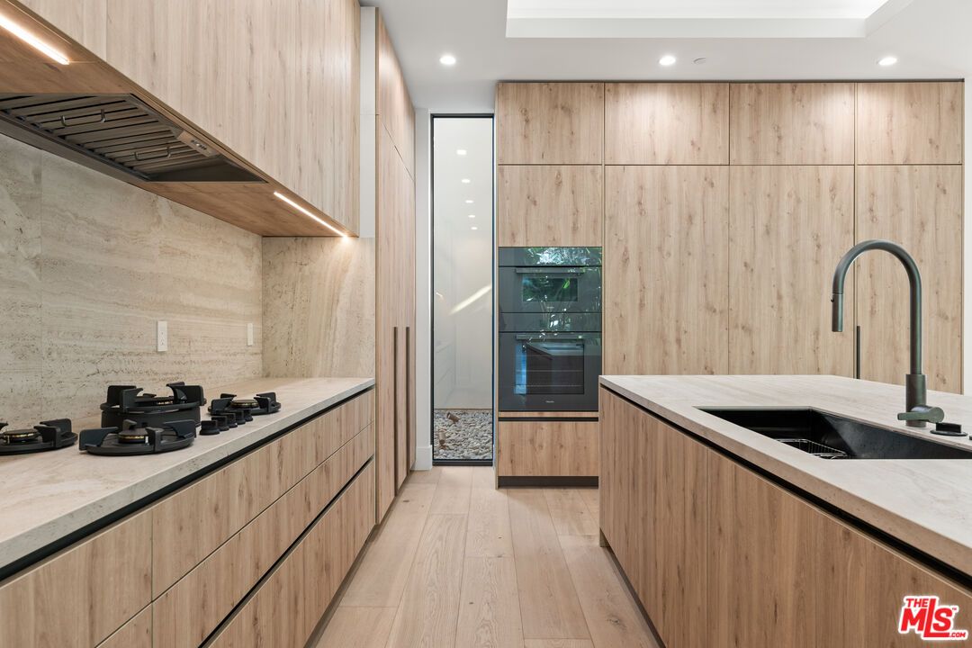 Interior, Kitchen, Recessed Lighting, Wood Texture Flooring, Wooden Walls