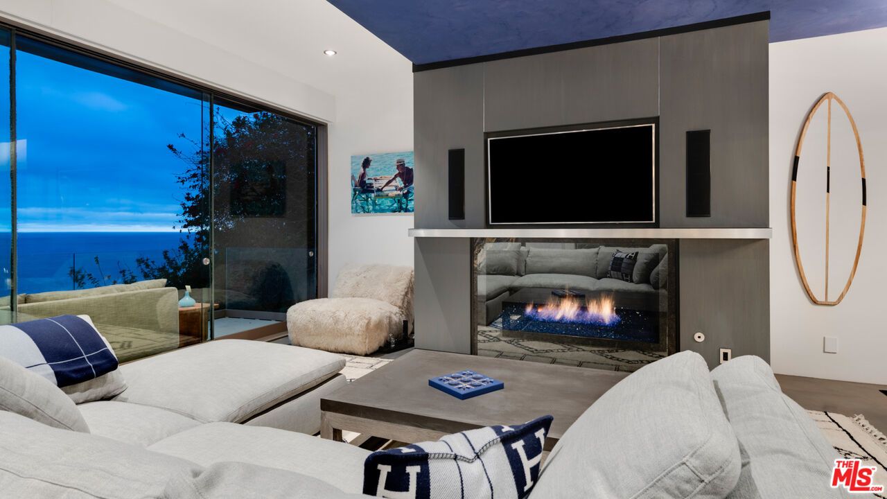 Fireplace, Interior, Living room, Recessed Lighting, Water, Wood Texture Flooring